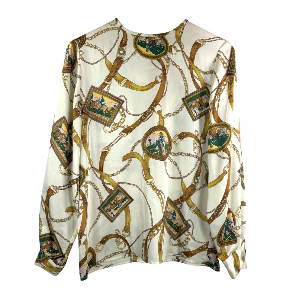 VTG Tess Equestrian Print Long Sleeve Blouse sz 4 Chain Horse Riding satin